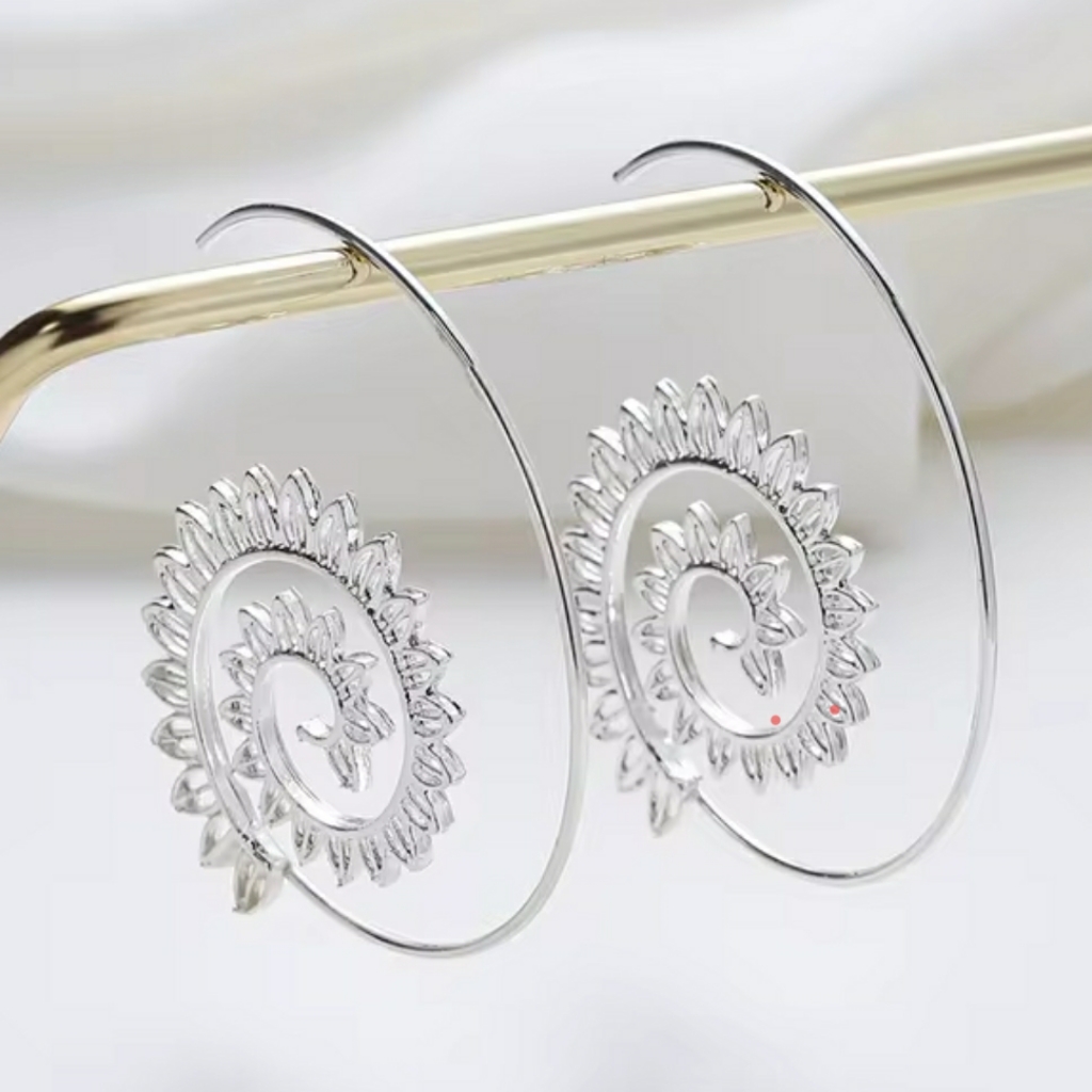 Boho, Tribal, Flower, Spiral, Silver Filigree Hoop Earrings